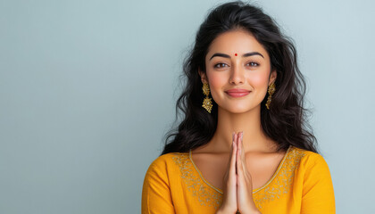 Beautiful indian woman doing namaste gesture or giving praying pose