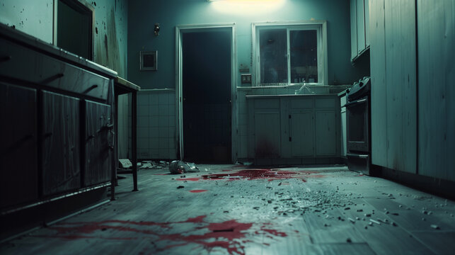 Eerie kitchen scene with blood-splattered floor, broken glass, and ominous atmosphere. Teal-tinted lighting creates a chilling ambiance, suggesting a violent incident or crime scene