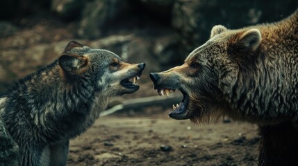 Obraz premium Wolf and Bear Facing Off.