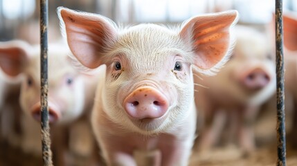 Fototapeta premium Close-up of a cute piglet in a cage, its innocent expression and delicate features in focus, with a blurred background of other piglets.