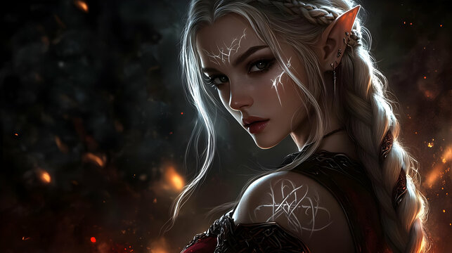 Elven Warrior with Braided Hair and Tattoos, Fiery Background