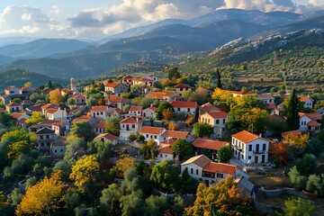 Scenic Aerial View of a Charming Mountain Village Surrounded by Autumn Colors