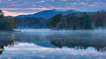 Fototapeta premium A lake with a foggy sky in the background