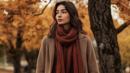 Woman in warm coat and scarf walking down autumn street
