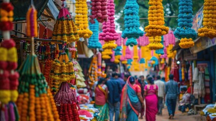 Fototapeta premium A colorful market with people walking around and hanging decorations