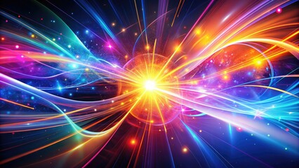 Naklejka premium Vibrant, futuristic energy concept illustration featuring abstract shapes and lines in bright neon colors, bursting with dynamic motion and radiant light.