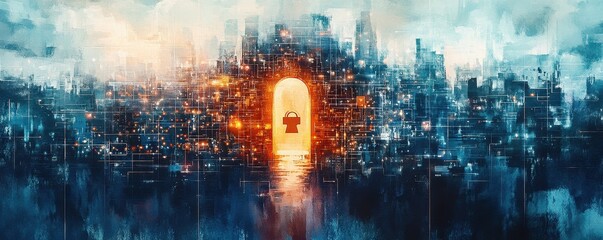 Fototapeta premium Quantum encryption protecting financial data, cybersecurity in watercolor