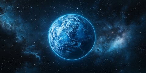 Obraz premium Majestic blue planet with intricate cloud formations, glowing under soft starlight, surrounded by distant nebulae and cosmic dust