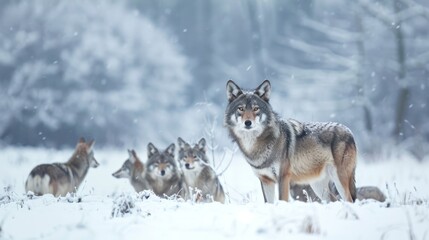 Naklejka premium Wolf Pack in Snowy Forest.