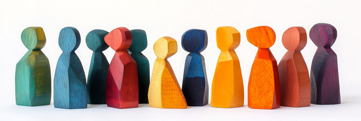 A line of multicolored carved wooden figures representing unity and diversity.