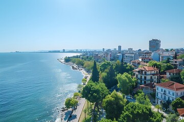 Fototapeta premium Serene Coastal View of a Vibrant City by the Sea