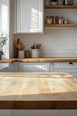scene captures a light wooden empty table top in a contemporary white kitchen.