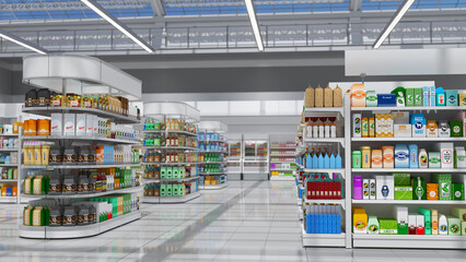 Supermarket interior mockup with aisle between shelving, display of goods and transparent roof overlooking the blue sky. 3d illustration