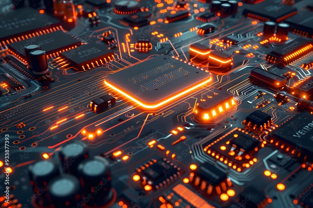 Poster intricate circuit board with glowing components and complex pathways