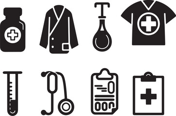 A straightforward vector icon set with a medical lab, blood drop, hospital gown, and pills