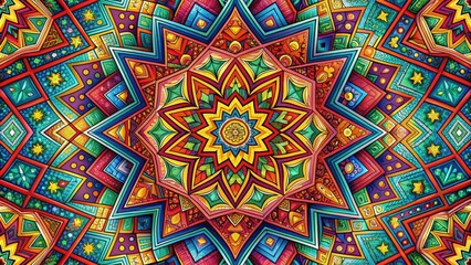 Vibrant geometric shapes and lines intersect in a colorful, intricate design, creating a visually striking and dynamic pattern perfect for backgrounds, textures, and compositions.