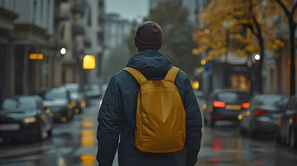 Man Walking in Rain with Backpack on City Street in Autumn