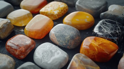 Shiny pebbles of various sizes and colors, including natural stones with shades of quartz and amber, placed close-up to show their glossy texture.