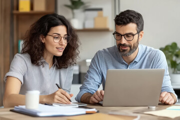 Obraz premium Two busy colleagues working together talking using laptop in office.