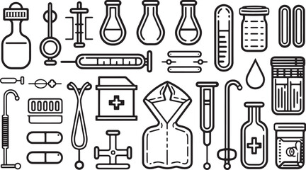 A straightforward vector icon set with a medical lab, blood drop, hospital gown, and pills