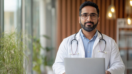 indian doctor using laptop, accessing electronic Health records, review patient medical history, make decisions about diagnosis and treatment plan