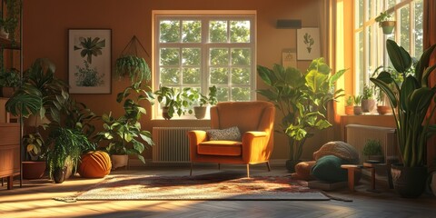 Sunlit living room filled with plants and warmth, capturing the essence of a happy life, radiating peace and joy in every corner