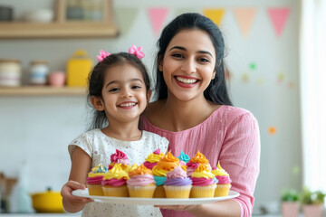 Young mother and daughter enjoying colorful cupcakes in the kitchen.