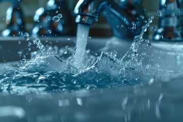 Captivating Splash: Water Flowing from a Faucet into a Sink