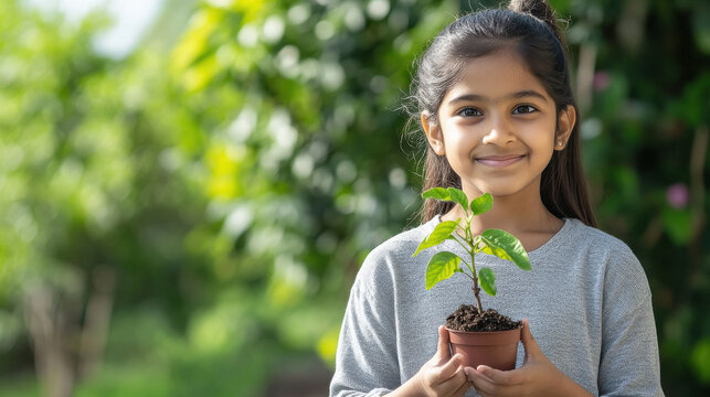 Indian teenage girl holding plant in hand