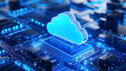 3D illustration of cloud computing technology concept with blue circuit board background and illuminated digital cloud icon.