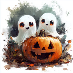 Two cute kind ghosts with a carved pumpkin for Halloween, drawing, pastel, oil, white background, isolated