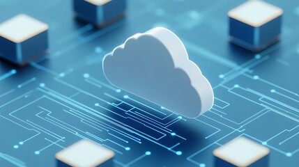 3D illustration of cloud computing technology with network connections symbolizing global data exchange and storage on a blue background.
