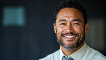Pacific Islander Man Teacher - smiling, man, professional, portrait, business, close-up, happy, successful, male, smiling man, confident, office, curly hair, tie, shirt, friendly, mature, workplace
