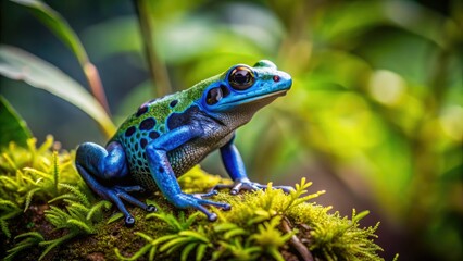 Fototapeta premium Vibrant green and blue poison dart frog perches on a moss-covered leaf in a lush, misty Costa Rican rainforest, showcasing its exotic beauty.