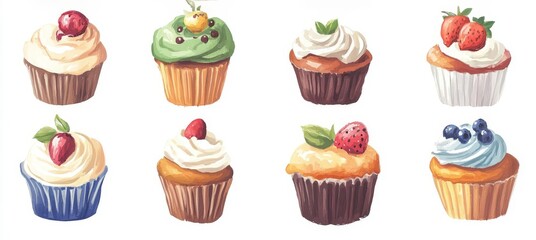Deliciously frosted cupcakes with various toppings, perfect for desserts, celebrations, and food photography.