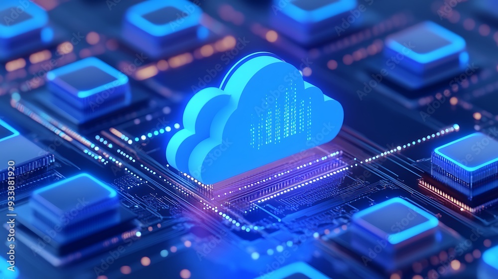 Poster a blue cloud icon hovering over a computer microchip, representing cloud computing technology and da