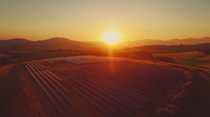 Obraz premium Solar panel produces green, environmentaly friendly energy from the setting sun. Aerial view from drone. Landscape picture of a solar plant that is located inside a valley with generative ai