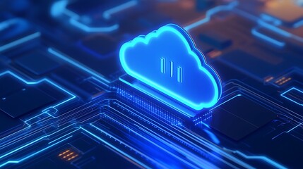 A glowing blue cloud icon on a circuit board, representing cloud computing, data storage, and modern technology solutions.