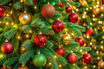 Fototapeta premium Vibrant green Christmas tree branches adorned with shimmering red and gold ornaments and twinkling string lights create a festive holiday background.