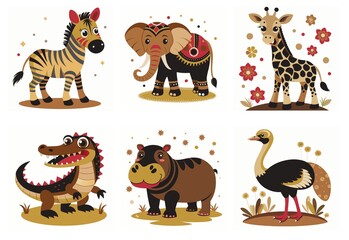 Naklejka premium set of cartoon pictures of african animals: elephant, giraffe, hippopotamus, ostrich, zebra, crocodile, animal design print