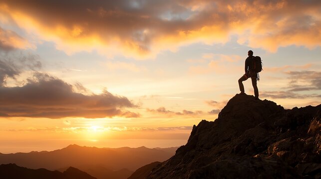 A triumphant climber silhouetted against a sunrise, symbolizing the pinnacle of personal success
