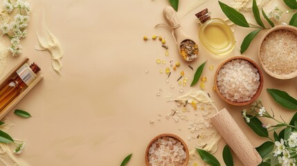 A table with a variety of items including a bottle of oil, a bowl of salt