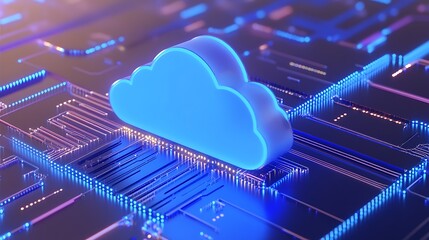 An abstract representation of cloud computing technology with a glowing blue cloud icon amidst a complex digital circuit background.