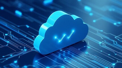 Blue cloud computing symbol on a digital circuit background, representing modern data storage and technology innovation.