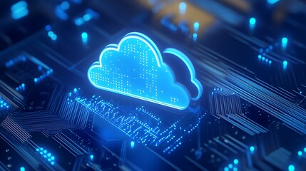 Blue cloud computing symbol on circuit board highlighting digital technology and virtual data storage.