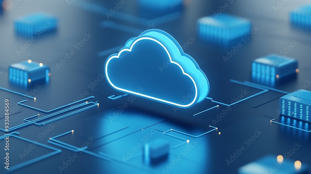 Poster blue cloud networking technology concept on a futuristic digital motherboard with connections and se