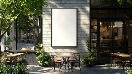 A white vertical blank frame mockup on the wall of a modern cafe, with a tree in front of it on a beautiful day and a view of the street via the window and entrance.