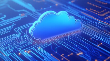 Blue cloud hologram on an abstract circuit board, representing cloud computing technology and digital data storage.