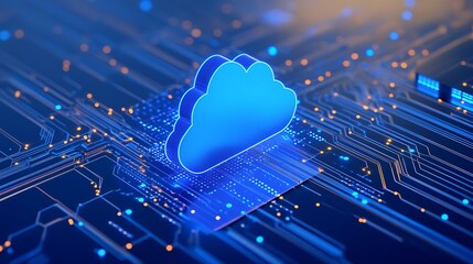 Blue cloud icon on a digital circuit board, representing cloud computing technology and data storage solutions for businesses.