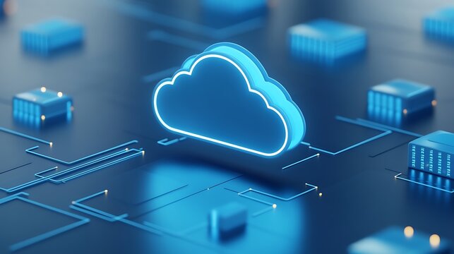 Blue cloud networking technology concept on a futuristic digital motherboard with connections and server units. Cloud computing and data storage.
